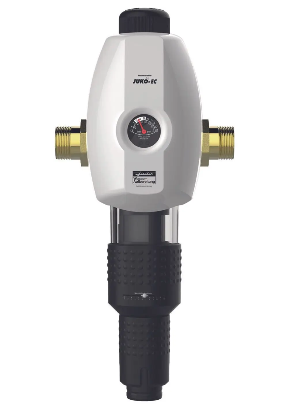 Judo-Wasserstation in kompaktem Design mit Druckanzeige und zwei Anschlussgewinden; zur Wasseraufbereitung und -filterung.